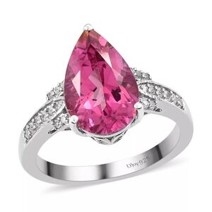 Genuine Pink Topaz & White Zircon Sterling Silver Platinum Overlay Ring Sz 7